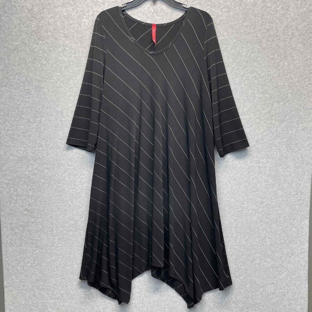 IC By Connie K Dress Womens XL Stretch Jersey Black Asymmetrical Hem Striped - Picture 1 of 11